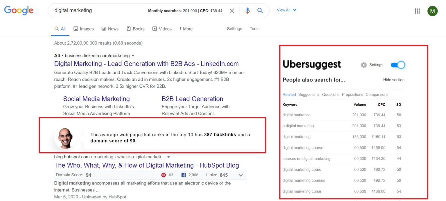 Ubersuggest chrome extension from neil patel free seo tool