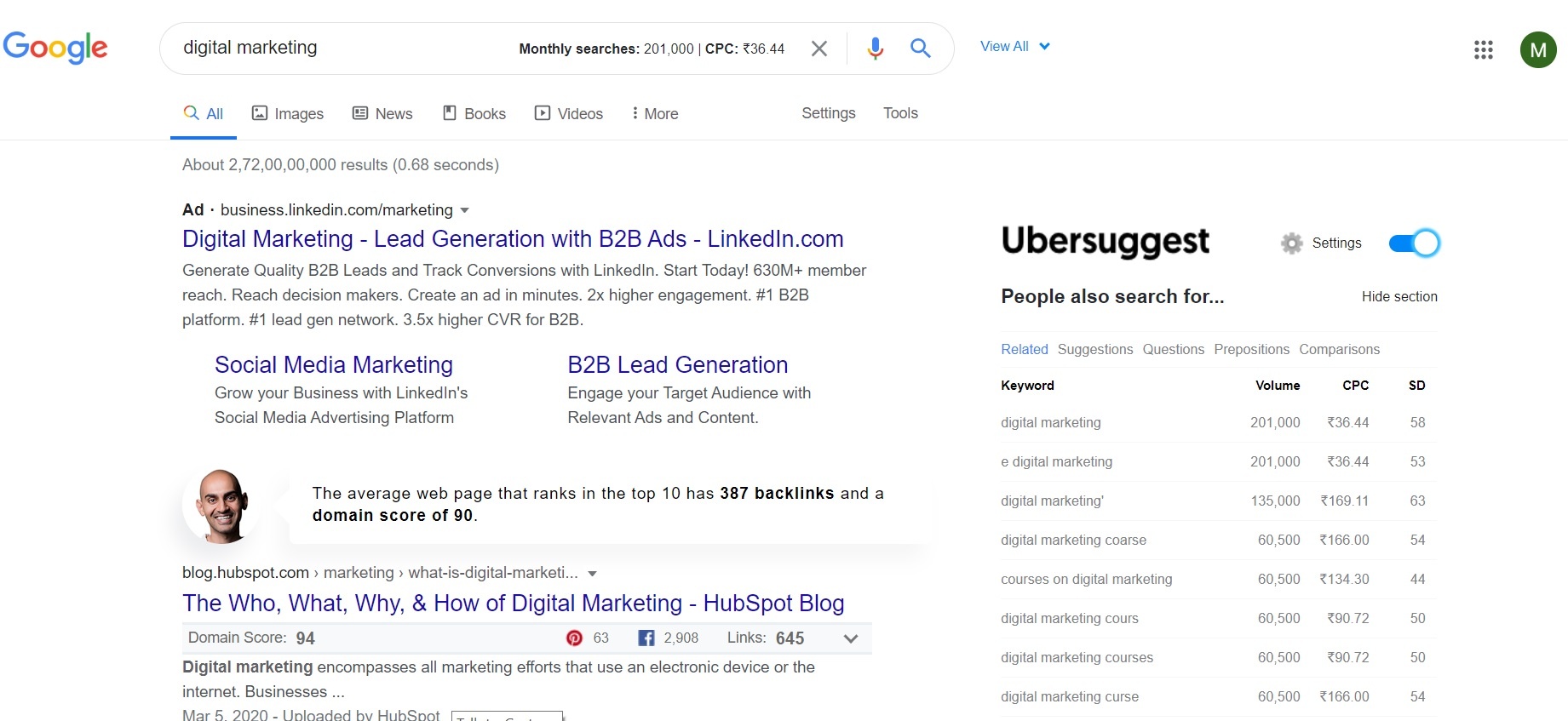 Ubersuggest chrome extension from neil patel free seo tool