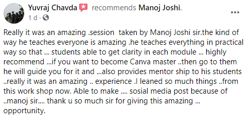 Testimonial from Yuvraj Chavda about Canva mastery Workshop